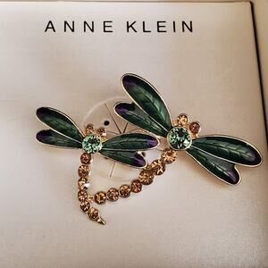 Anne Klein‎ Brooch Double Dragonfly Gold Tone Rhinestones Enamel New in Box